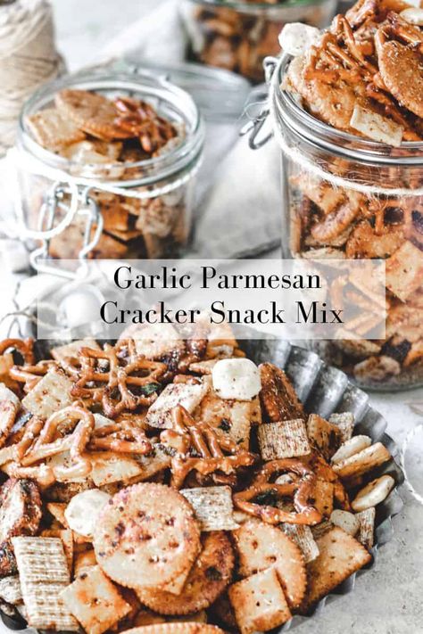 This Garlic Parmesan Cracker Snack Mix is super savory, buttery snack mix packed with all of the best crackers and coated in a heavenly garlic butter mixture with lots of parmesan! #snackmixrecipes #snackmixrecipessavory #snackmixforacrowd Cracker Mix Recipes, Parmesan Crackers, Trail Mix Snack, Snack Mix Recipe, Seasoned Crackers, Munchies Snacks, Savoury Crackers, Cereal Snacks, Chex Mix Recipes