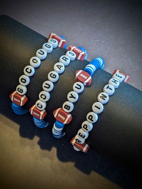 Handmade BYU Football Bracelets. Rep your favorite team while you are at a game or out with your friends. Please select the color design, and size in the drop down menus. GO COUGS!!! Byu Football, Football Bracelet, Favorite Team, Utah, The Selection, Color Design, Jewelry Bracelets, Bracelet, Football