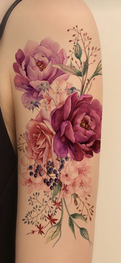 Rose And Peonies Tattoo, Peony Tattoo Pink, Feminine Tattoo Sleeves Color, Floral Half Sleeve Tattoo Upper Arm Color, Watercolor Shoulder Tattoo, Peony Leg Tattoo, Cabbage Rose Tattoo, Peonies Tattoo Design, Large Floral Tattoo