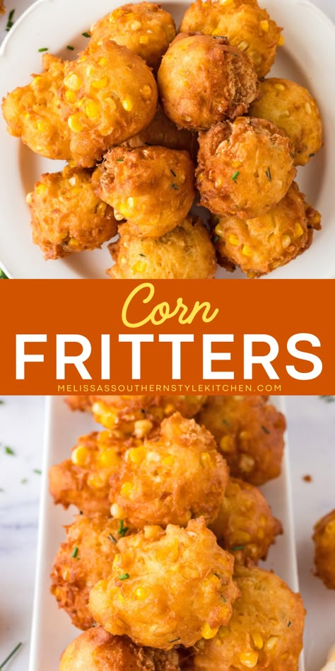 Learn how to make corn fritters and serve crispy and puffy summer appetizers for a party! An easy corn fritters recipe that will give you a crispy golden meal. Don't miss this delicious snack recipe! Spicy Corn Nuggets, Jiffy Mix Corn Fritters Easy, Creamed Corn Fritters Recipe, Corn Appetizer, Corn Fritters Recipe, Corn Nuggets, Corn Fritter, Sweet Corn Fritters, Corn Recipes Side Dishes