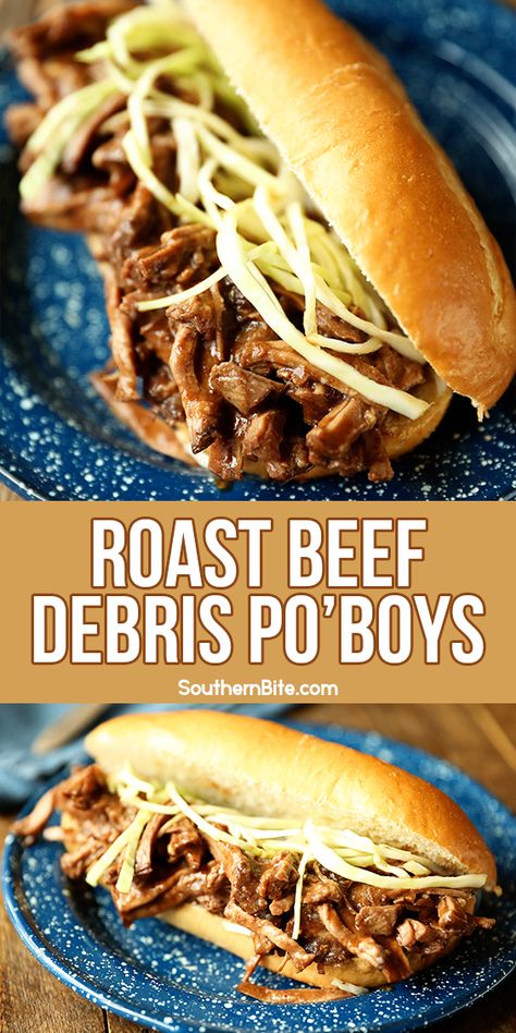 I give the New Orleans Classic Roast Beef Debris Po' Boy a slow cooker makeover with this quick and easy recipe! This delicious sandwich is made up of tender shredded beef and gravy on crusty French bread dressed with shredded cabbage, Creole mustard, mayo, and pickles! Shredded Roast Beef, Shredded Roast, French Bread Rolls, Classic Roast, Slow Cooker Roast Beef, Bread Dressing, Creole Mustard, Shredded Cabbage, Roast Beef Sandwiches