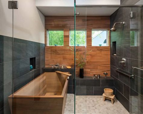 55 Modern Japanese Style Bathroom Ideas ~ Best Minimalist Japanese Bathrooms Japanese Bathroom Design, Japanese Style Bathroom, Japanese Bathroom, Wooden Bathtub, Japanese Bath, Japanese Soaking Tubs, Japanese Interior Design, Master Bath Remodel, Kitchen And Bath Design