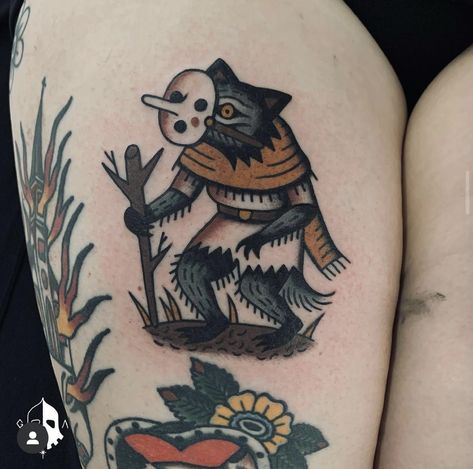 Artist: Grim Antihero Knomes Tattoos, Fantasy Traditional Tattoo, Grim Antihero, Baldurs Gate Tattoo, Folk Tattoos, Helmet Tattoo, Medieval Tattoo, Web Tattoo, Fantasy Tattoos