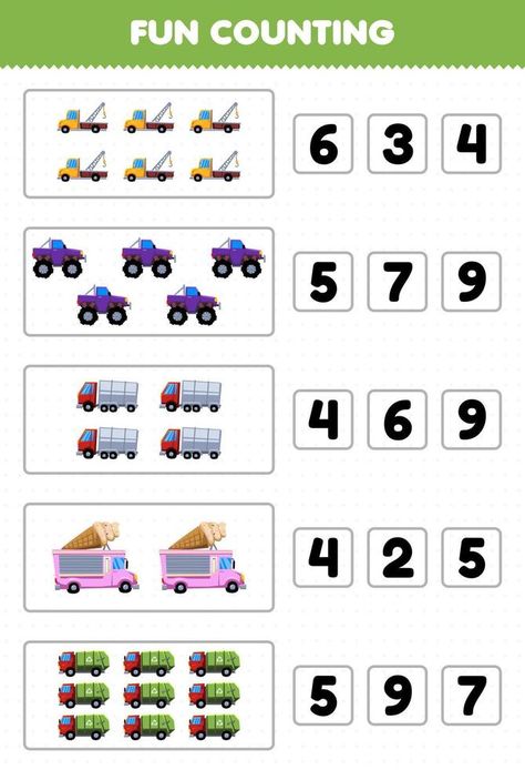 Education game for children fun counting and choosing the correct number of cartoon truck transportation printable worksheet Cartoon Truck, Cupcake Illustration, Game For Children, Printable Worksheets, Free Vector Images, Games For Kids, Kids Learning, Transportation, Vector Images