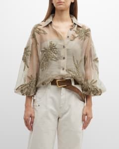 Visual Nav: Brunello Cucinelli [Women's Clothing] Tops Organza Tops, Silk Chiffon Blouse, Embellished Shirt, Embellished Blouse, Trendy Fashion Tops, Simple Pakistani Dresses, Stylish Dress Designs, Chiffon Shirt, Flower Embroidery