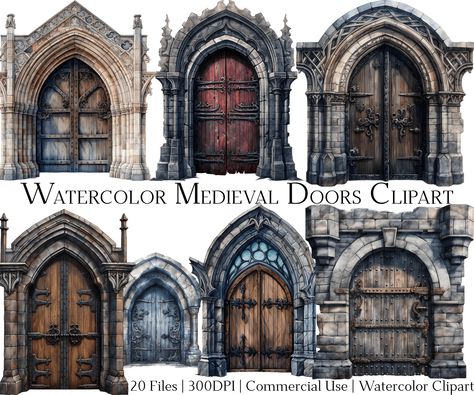 Fantasy Door Art, Fantasy Medieval Art, Dungeon Door, Fantasy Door, Medieval Doors, Medieval Reference, Door Clipart, Castle Clipart, Gothic Door