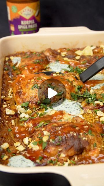 Planet Food on Instagram: "CHICKEN KORMA BAKE 🤤 The Ultimate One-Pan Wonder! Crafting a homemade curry has never been simpler than with this Chicken Korma Tray Bake! Simply toss your ingredients together, then slide it into the oven – it's truly that easy!  🍛 Add 200g of washed basmati rice to a casserole dish, 4 tbsp korma curry paste, 1 sliced red onion and 2 diced garlic cloves 🍗 Add in 1 tin of coconut milk, 6 chicken thighs, olive oil 🍛 Season with 2 tsp each of mild curry powder and caster sugar. Add in 1 tsp of ginger and 1⁄2 tsp of cumin. (you can give it a good mix, if it seems like there’s not enough liquid add 150 - 200 ml of chicken stock) 🍗 Bake 180C check after 45 mins, if not cooked replace foil and cook for another 15 mins 🍛 Garnish with with fresh coriander and if yo One Pan Chicken Korma Bake, Korma Curry, Mild Curry, Curry In A Hurry, Chicken Tray Bake, Homemade Curry, Chicken Tonight, Chicken Korma, Pot Dinners