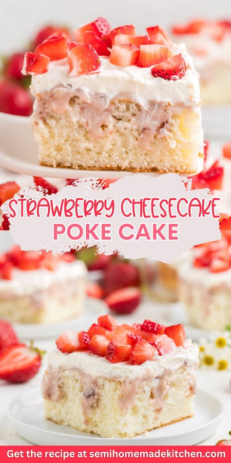 Make your summer desserts even better with this Strawberry Cheesecake Poke Cake recipe! Combining a moist cake with a creamy strawberry filling and a fluffy cheesecake topping, this dessert is topped with fresh strawberries just before serving for that perfect touch. Follow my step-by-step instructions to create this light, delicious, and crowd-pleasing treat. Whether for a potluck or a family gathering, this poke cake is sure to be a hit. Head over to the blog to get the full recipe! Summer Poke Cake Recipes, Strawberry Cheesecake Poke Cake Recipe, Strawberry Cheesecake Poke Cake, Cheesecake Poke Cake, Strawberry Garnish, Work Desserts, Strawberry Poke Cake, Cheesecake Topping, Poke Cake Lemon