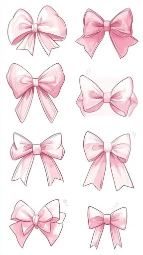 ↑↑↑ Larger size on website 🔸 The image shows eight different variations of pink bows. They are all drawn in a simple, stylized ma Bow Drawing Simple, Bow Drawing Reference, Pink Bow Drawing, Bow Reference, Bow Sketch, Coquette Things, Bow Drawing, Types Of Bows, Grid Layouts