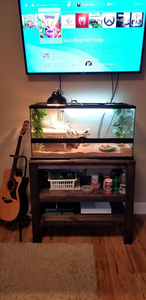 Reptile Tank Stand Diy, Reptile Tank Stand Ideas, Reptile Tank Stand, Preteen Boys Bedroom, Small Room Inspo, Dark Wood Shelves, Hedgehog Cage, Bearded Dragon Tank, Farmhouse Table With Bench