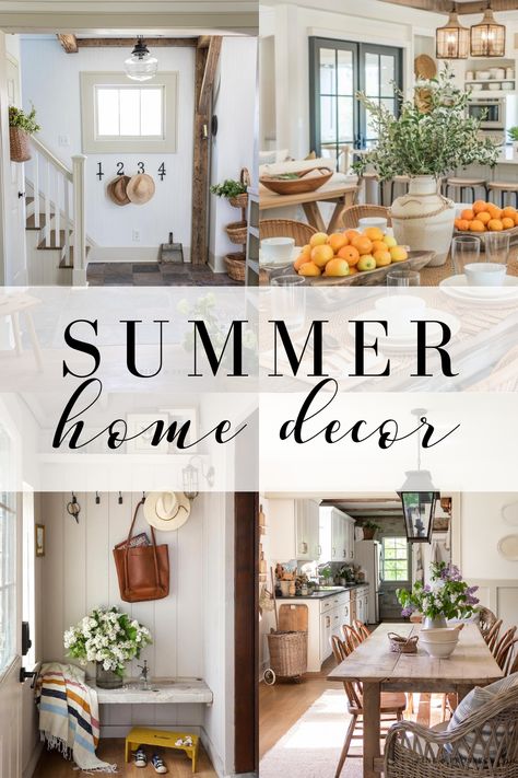 summer, summer decor, summer decor ideas, summer decor inspiration, summertime, summery, living room, entryway, kitchen, dining room, sun hat, flowers, fresh flowers, blooms, stems, yard, garden, outdoors, outside, basket, baskets, linen, cotton, throw pillows, throw blanket, white, cream, candles, clean candles, wicker, house plants, chairs, tea towel, fresh fruit, bowls, bowl, bright, simple, airy, light, sunshine, pool, patio, hammock, pea gravel patio, beautiful, home decor, beautiful home decor, cottage style, cottage style home, cottage style home decor, season, seasonal, seasonal decor August Home Decor, End Of Summer Decor, August Home Decor Ideas, August Decorating Ideas Home, Late Summer Decor, White Cottage Interiors, Summer Home Decor Ideas, Summer Cottage Decor, Clean Candles