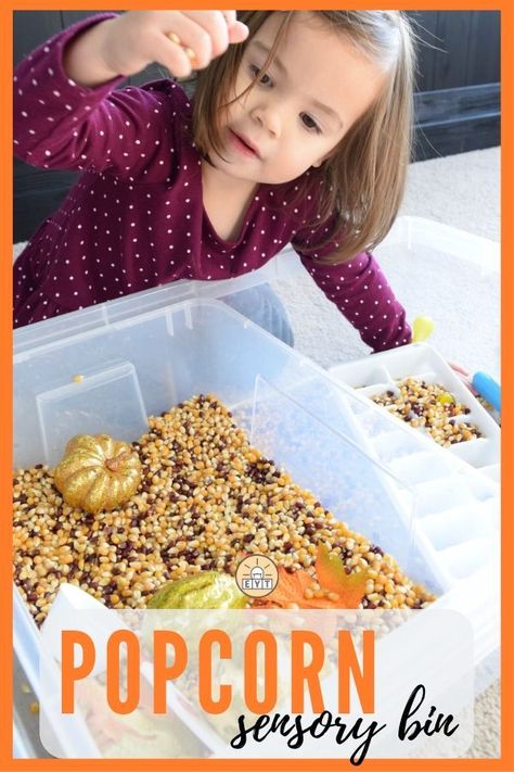 Here's one of my favorite sensory bins for toddlers: The popcorn kernel sensory bin! I love the textures and sounds it can create, and your kids will, too! Check out the extras we added to extend the playtime and make it fun for toddlers. We were also surprised by who else had fun with this bin. Check out our post to find out who!  #toddlers #kids #toddleractivities #kidsactivities #indooractivities #EntertainYourToddler #sensoryactivities #sensorybin Sensory Bins For Toddlers, Activities To Do With Toddlers, Fun For Toddlers, Halloween Sensory, Art Activities For Toddlers, Popcorn Kernels, Halloween Activities For Kids, Indoor Activities For Kids, Easy Activities