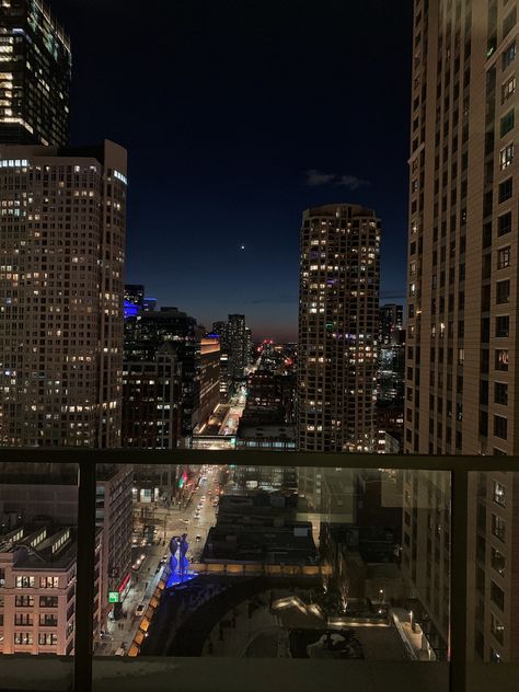 View From Apartment At Night, Apartment Night View City Lights, Apartment Building Aesthetic Night, Toronto Luxury Apartment, Big City Apartment Aesthetic, City Skyline Night Aesthetic, Balcony City View Night, Chicago Penthouse Aesthetic, Chicago High Rise Apartment Aesthetic