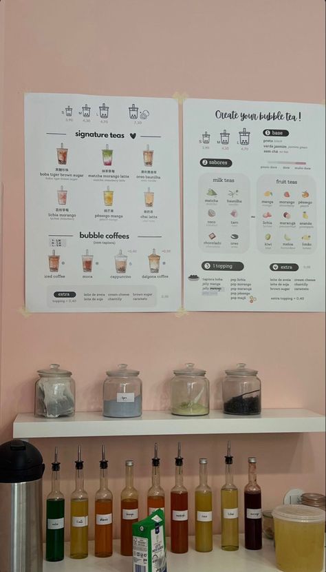 Boba Shop Menu Design, Boba Menu Design Ideas, Aesthetic Cafe Menu Design, Boba Tea Menu Design, Korean Cafe Menu Design, Boba Shop Interior Design, Menu Boba Drink, Boba Menu Design, Milk Tea Menu Design