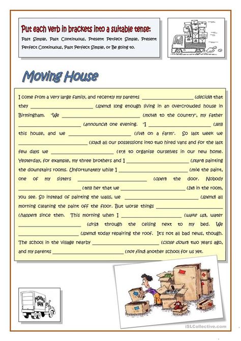 MOVING HOUSE - MIXED TENSES - English ESL Worksheets for distance learning and physical classrooms Tenses Worksheet, Tenses Exercises, Grammar Tenses, Tenses English, English Grammar Tenses, English Help, English Stories For Kids, Reading Comprehension Lessons, English Exercises