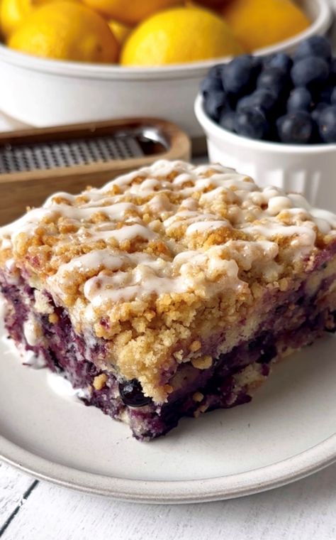 Lemon Blueberry Crumb Cake — Sweet Monkey Vegetarian Pie Filling, Filled Coffee Cake, Blueberry Buckle Recipe, Powdered Sugar Frosting, Blueberry Coffee Cake Recipe, Sweet Monkey, Blueberry Crumb Cake, Blueberry Coffee, Blueberry Coffee Cake