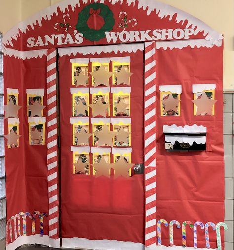 Santa Claus Is Coming To Town Door Decorations, Santas Workshop Classroom Door Ideas, Santa’s Workshop Door Decorating, Santa’s Workshop Door Contest, Santas Workshop Bulletin Board Ideas, Santa’s Workshop Classroom Door, Santas Workshop Door Classroom, Santas Workshop Decorations School, Santa Workshop Door Decorations