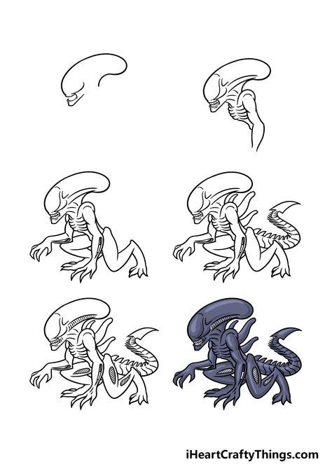 Xenomorph Drawing - How To Draw A Xenomorph Step By Step Xenomorph Drawing Reference, Small Xenomorph Tattoo, Alien Movie Drawing, Xenomorph Art Drawing, How To Draw Alien, Alien Xenomorph Art, Xenomorph Nails, Xenomorph Illustration, Xenomorph Sketch