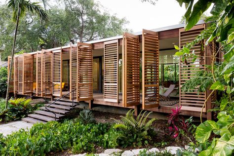 Brillhart Residence by Brillhart Architecture Wooden House Design, Glass Pavilion, Tropical Architecture, Miami Houses, Bamboo House, Wooden Shutters, Vernacular Architecture, Tropical House, Modern Tropical