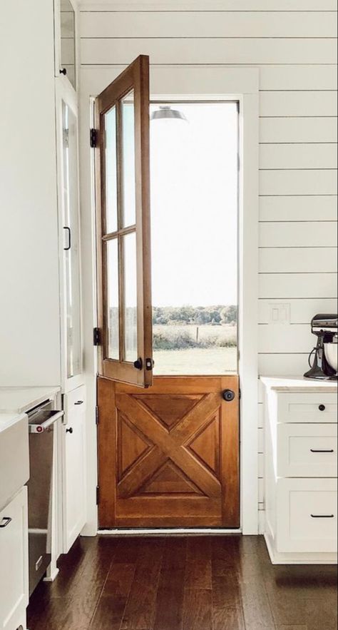 Love a Dutch Door. The perfect way to let the sunshine and breeze indoors while keeping your pets and little ones from going outdoors! 📸 @jacobsfarmstead Half And Half Door, Dutch Door Farmhouse, Indoor Dutch Door, Wooden Dutch Door, Barn Dutch Door, Dutch Door In Kitchen, Dutch Back Door, Door Ways Ideas Interiors, Cottage Dutch Door