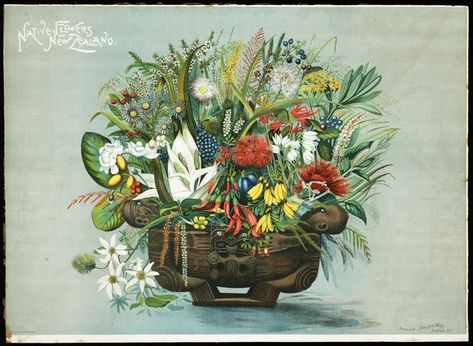 Huddlestone, William :Native flowers ... | Items | National Library of New Zealand Pohutukawa Tattoo, Nz Flowers, New Zealand Poster, Floral Pictures, Wall Illustration, Maori Tattoos, Native Flowers, Bee Tattoo, Scientific Illustration