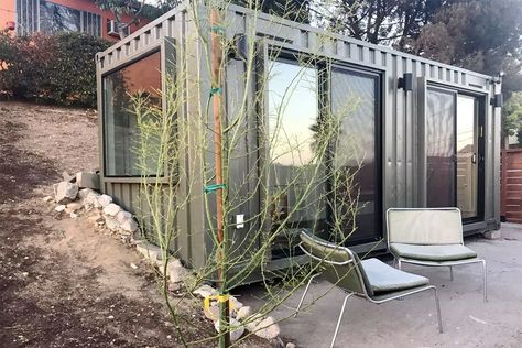 A Designer Converted This Shipping Container Into a Graphic Home Office Container House Ideas, Shipping Container Sheds, Converted Shipping Containers, Shipping Container Office, 20ft Shipping Container, Shipping Container Pool, Shipping Container Cabin, Architectural Ideas, Container Conversions