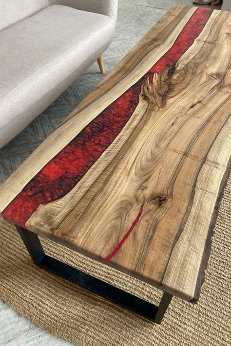 Table With Resin Inlay, Live Edge Epoxy Coffee Table, Red Resin Table, Epoxy Coffee Table Ideas, Epoxy Resin Table Coffee Tables, Live Edge Resin Table, River Tables Epoxy, Live Edge Epoxy Table, Barn Office