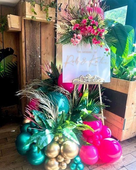 Tropical Themed Retirement Party, Caribbean Theme Birthday Party, Tropical 40th Birthday Cake, Hawaii Prom Theme, Tropical Cake Table Decor, Tropical Paradise Prom Theme, Tiki Theme Wedding, Glam Tropical Party, Tropical Theme Centerpieces