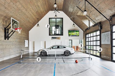 Indoor Sports Court, Home Basketball Court, Golf Simulator Room, Indoor Basketball Court, Water Station, Indoor Basketball, Barn Garage, Party Barn, Sport Court