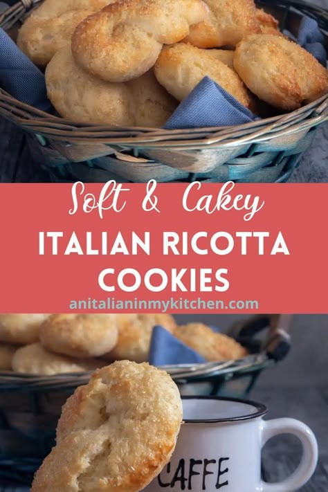 Soft and tender with a cake like texture, these easy Italian ricotta cookies have a light lemon flavor and the ricotta cheese keeps them nice and moist. Sprinkled with a little sugar they are usually served at breakfast but also make the perfect snack cookie with a cup of tea! Ricotta Cookies Easy, Italian Cookies With Ricotta Cheese, Ricotta Muffins Recipes, Soft Ricotta Almond Pillows, Leftover Ricotta Recipes, Italian Breakfast Cookies, Ricotta Cheese Cookies Recipes, Pistachio Ricotta Cookies, Ricotta Biscuits