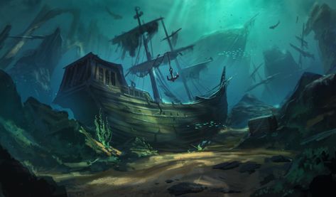 ArtStation - Concept art, dj bekas Shipwreck Concept Art, Pirate Ship Underwater, Sunken Ship Art, Underwater Shipwreck Art, Sunken Ship Drawing, Pirate Ship Concept Art, Underwater Concept Art, Plant Concept Art, Pirate Concept Art