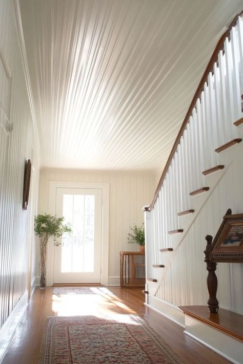 "Add timeless character to your home with a DIY Beadboard Ceiling! 🛠️🪜 Perfect for adding texture and style to any room. 🌟✨ #BeadboardCeiling #DIYProjects #HomeImprovement" Beadboard Wall And Ceiling, Bead Board Ceiling Living Room, Beadboard Walls And Ceiling, Floor To Ceiling Beadboard, Beadboard Wall, Diy Beadboard, Bead Board Walls, Beadboard Ceiling, Basement Ceiling