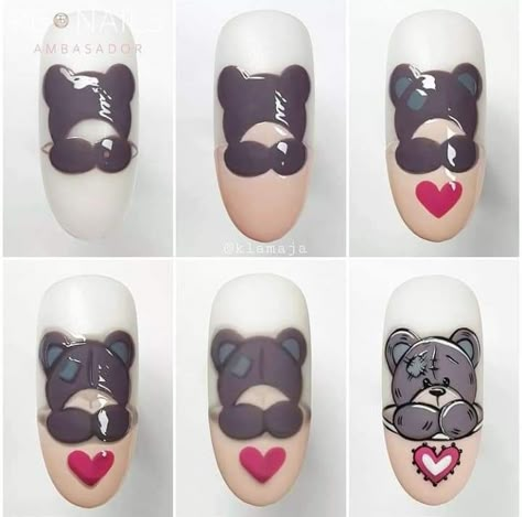 Cartoon Nail Designs, Nail Art Step By Step, Art Step By Step, Bears Nails, Art Deco Nails, Valentine Nail Art, Nail Drawing, Goth Nails, Nail Designs Valentines