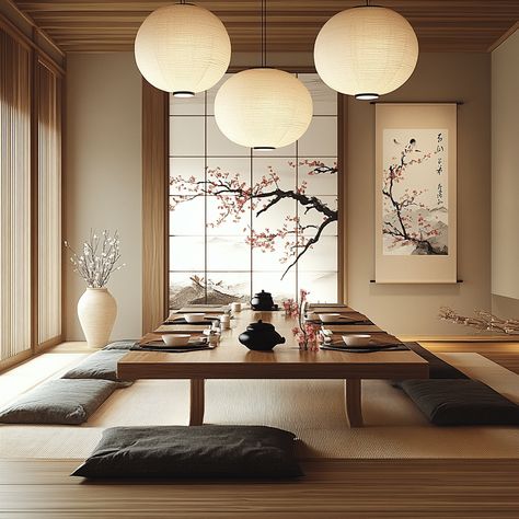 Step into a world of calm and tradition with this Japanese tea room. Featuring tatami mats, a low tea table, and a tokonoma alcove, this space is perfect for quiet reflection. #JapaneseTeaRoom #TatamiMats #MinimalistDecor #ZenLiving Japanese Style Study Room, Tatami Dining Room, Low Japanese Dining Table, Tatami Room Decor, Japanese Low Table Living Room, Japandi Tea Room, Traditional Japanese Tatami Room, Japanese Style Dining Room, Japanese Beige Aesthetic