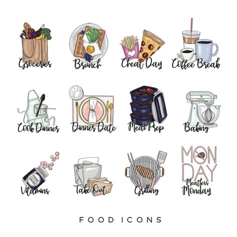 Food Planner Icons | paperpanduh Family Organisation, Agenda Stickers, Food Planner, Drawn Icons, To Do Planner, Planner Organisation, Planner Icons, Hand Drawn Icons, Winter Craft