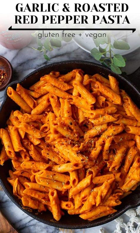 Gluten free penne cooked and coated in a thick and velvety garlic and roasted red pepper pasta sauce. Make this dish easy & healthy dinner in about 20 minutes with only 10 total ingredients - most of which you likely already have on hand!  | Gluten Free + Vegan Roasted Red Pepper Pasta Healthy, Pasta Dishes Recipes Healthy, Healthy Food Ideas Pasta, Vegan Red Sauce Pasta, Healthy Red Pasta Recipes, Red Pepper Pasta Vegan, Healthy Eating Pasta, Roast Pepper Pasta, Easy And Healthy Meal Ideas