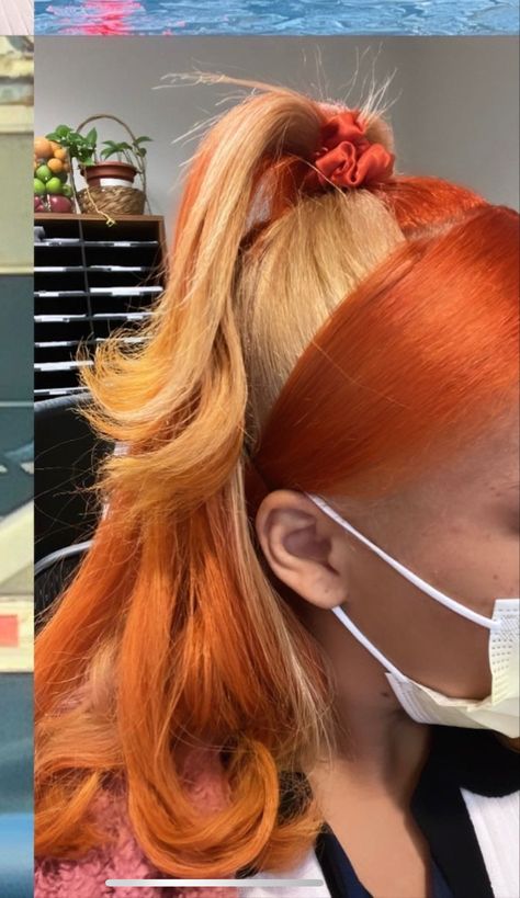 Ginger And Blue Hair Black Women, Ginger And White Hair Black Women, Red Hair Combinations, Pink And Ginger Hair Black Women, Orange Skunk Stripe Hair, Pretty Hair Colors For Black Women, Ginger Hair With Skunk Stripe, Blond And Orange Hair, Orange And Blonde Hair Black Women