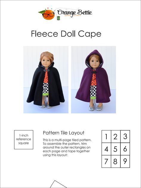 Fleece Doll Cape - Free Sewing Pattern Doll Cape Pattern Free, Doll Cape Pattern, Cape Pattern Free, Hooded Cape Pattern, Doll Cape, Orange Craft, Cape Pattern, Tile Layout, Free Sewing Pattern