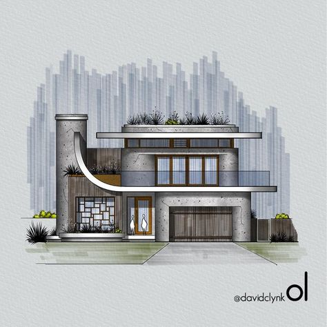 Modern Architecture House Drawing, House Plates Architecture Drawing, Exterior Perspective Architecture, Art Sketches Architecture, Elevation Sketch Architecture, House Sketch Architecture, Facade Sketch, Art Deco House Plans, Exterior Perspective