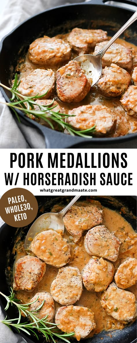 Easy and quick paleo dinner recipe: Pork Medallions with Horseradish Pan Sauce. It's a Whole30 and keto meal that comes together in just 15 minutes. The horseradish sauce is so flavorful and amazing drizzled over the pork tenderloin medallions! #paleo #whole30 #keto #lowcarb Paleo Pork Tenderloin, Pork Medallion Recipes, Quick Paleo, Fried Pork Tenderloin, Pork Tenderloin Medallions, Ketogenic Recipes Dinner, Pork Medallions, Paleo Pork, Recipe Pork