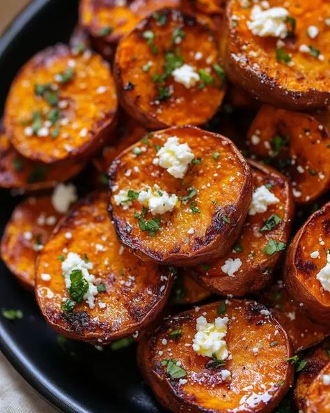 Spiced Roasted Sweet Potatoes with Feta and Honey Sweet Potato Feta Recipes, Feta And Honey, Savory Sweet Potatoes, Potatoes With Feta, Brussels Sprouts And Butternut Squash, Savory Sweet Potato Recipes, Lobster Cream Sauce, Spiced Potatoes, Sweet Potato Side Dish