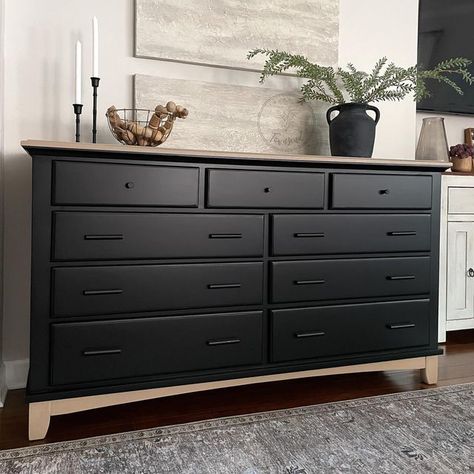 Painting Dresser Black Diy, Black Boho Furniture, Refurbished Black Dresser, Black Dresser Diy, Dresser Makeover Black, Black Dresser Decor, Black Dresser Bedroom, Black Painted Dressers, Dreamy Furniture