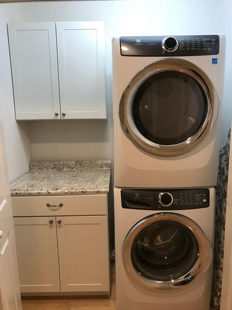 Garage Laundry Room Ideas Stackable, Laundry Combo, Laundry Room Stackable, Washer Dryer Laundry Room, Stackable Laundry, Mini Closet, Narrow Laundry Room, Stacked Laundry Room, Laundry Room Storage Shelves