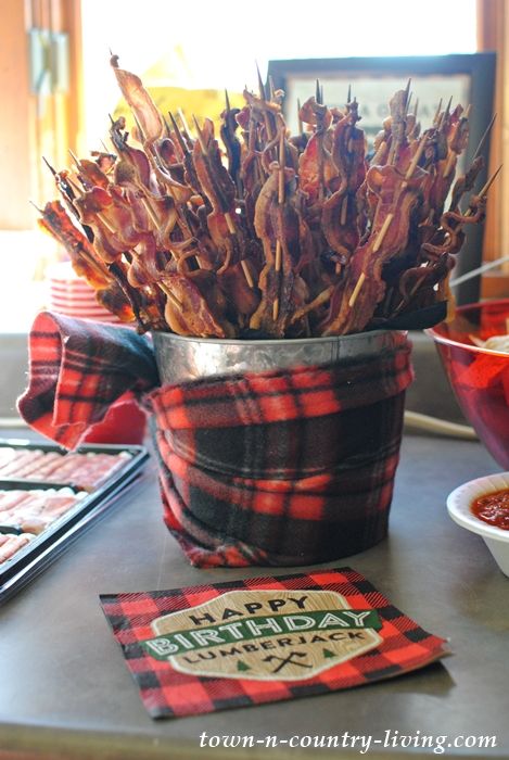 Bacon on a Stick for a Lumberjack Party Lumber Jack Party Food Ideas, Lumberjack Party Games, Lumberjack Decor, Bacon On A Stick, Flannel Party, Lumberjack Theme, Lumberjack Birthday Party, Lumber Jack, Lumberjack Baby Shower