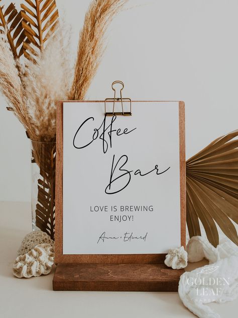 MATCHING ITEMS: https://etsy.me/3v6WAUr Create a cozy and inviting coffee bar at your next event with our customizable Coffee Bar Sign template! This digital download gives you the freedom to personalize the sign to match your event theme and style effortlessly. . . . . . . . . . . . . . . . . . . . . . . . . . . . . . . . . . . .  INSTANT DOWNLOAD! Purchase, edit, and print within minutes!  This template can be accessed through Templett.com - fully customizable template editor that allows you t Coffee Bar Bridal Shower Ideas, Coffee Bar Signage, Coffee Bar Wedding Reception, Coffee Bar Items, Coffee Bar Ideas For Party, Coffee Station Wedding, Minimalist Coffee Bar, Reception Coffee Bar, Coffee Bar Party