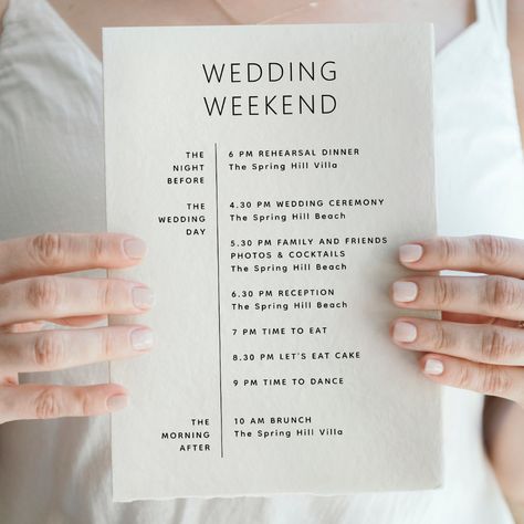 Black and white simple minimalist Wedding Weekend Timeline card for welcome bag. Please contact me if you need additional items. Extra Details For Wedding, Welcome Bag Inserts Wedding, 3 Day Wedding Weekend, Wedding Welcome Bag Itinerary, Wedding Weekend Program, Destination Wedding Weekend Itinerary, Wedding Weekend Timeline, Wedding Welcome Party Ideas, Wedding Extras Touches