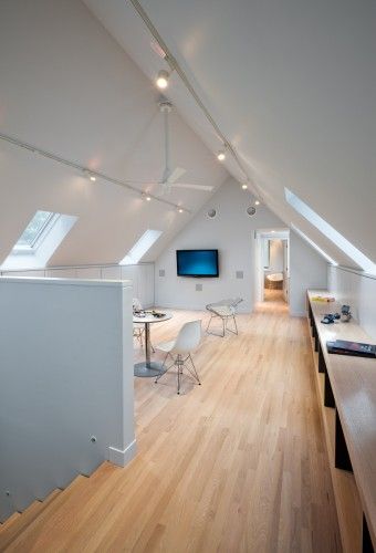 Vaulted ceiling in study? Will depend on existing rafters and collar ties, etc. we like the vaulted high ceiling feel for this study Attic Office, Attic Renovation Ideas, Attic Lighting, Finished Attic, Attic Loft, Attic House, Loft Office, Attic Conversion, Attic Room