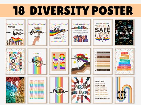 Celebrate Inclusion and Diversity, 18 Diversity Poster Set, Inclusive Posters, Inclusive Classroom, Equality Poster by PositiveThinkingMind on Etsy Diversity And Inclusion Gifts, Safe Space Sign, School Counselor Posters, Social Worker Office Decor, Counselor Posters, Social Workers Office, Counselor Office Decor, Diversity Poster, School Counselor Office Decor