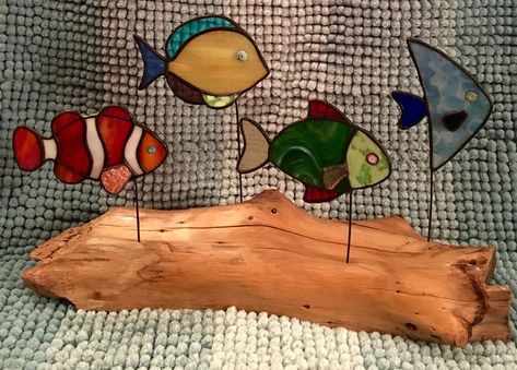 Stained glass fish on driftwood | Stained glass ornaments, Stained glass diy, Stained glass crafts Stained Glass Fish On Driftwood, Stained Glass In Driftwood, Stained Glass Modern Design, Stained Glass Fish Patterns Free, Stained Glass And Driftwood, Stained Glass On Driftwood, Stained Glass Fish Patterns, Fish Stained Glass Pattern, Stained Glass Fish