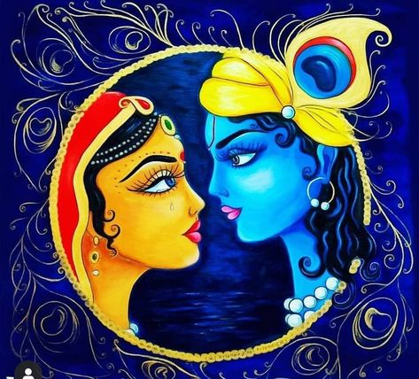 RadhaKrishna 😇🌸✨ Radhe Painting, Krishna And Radha Painting, Mural Krishna, Radha Krishna Modern Art, Krishna And Radha, Krishna Gif, Modern Art Canvas Painting, Arrow Art, Saree Painting